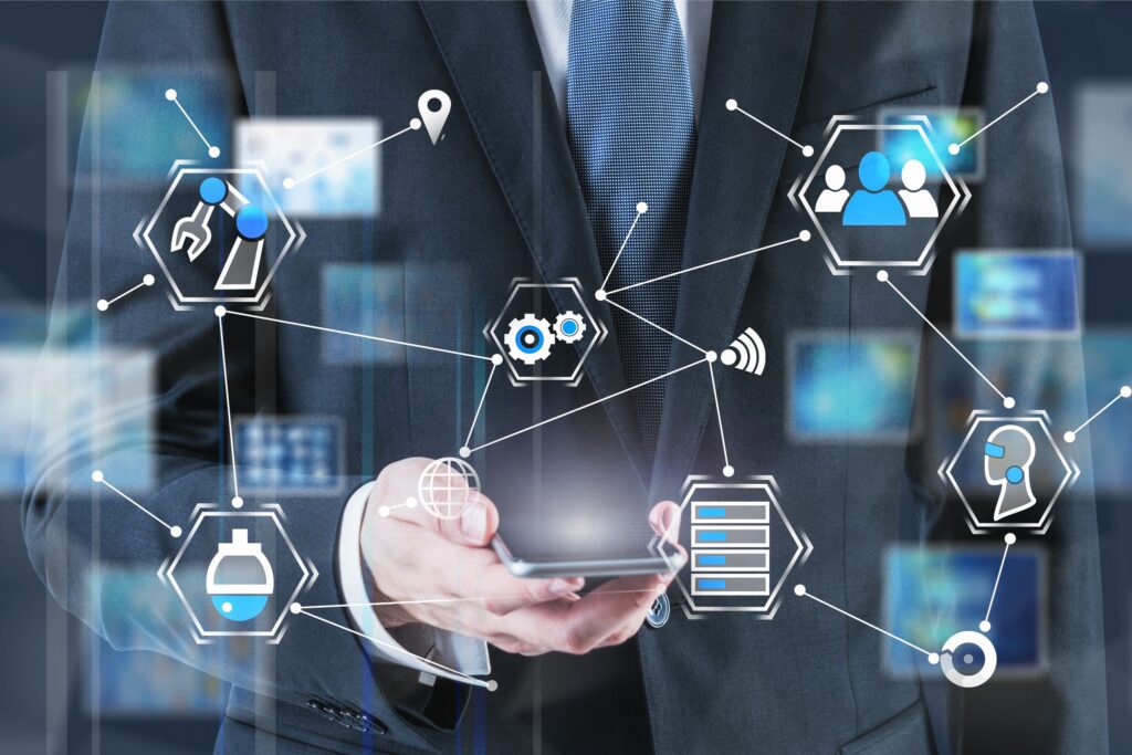 Services Man with smartphone, digital business interface